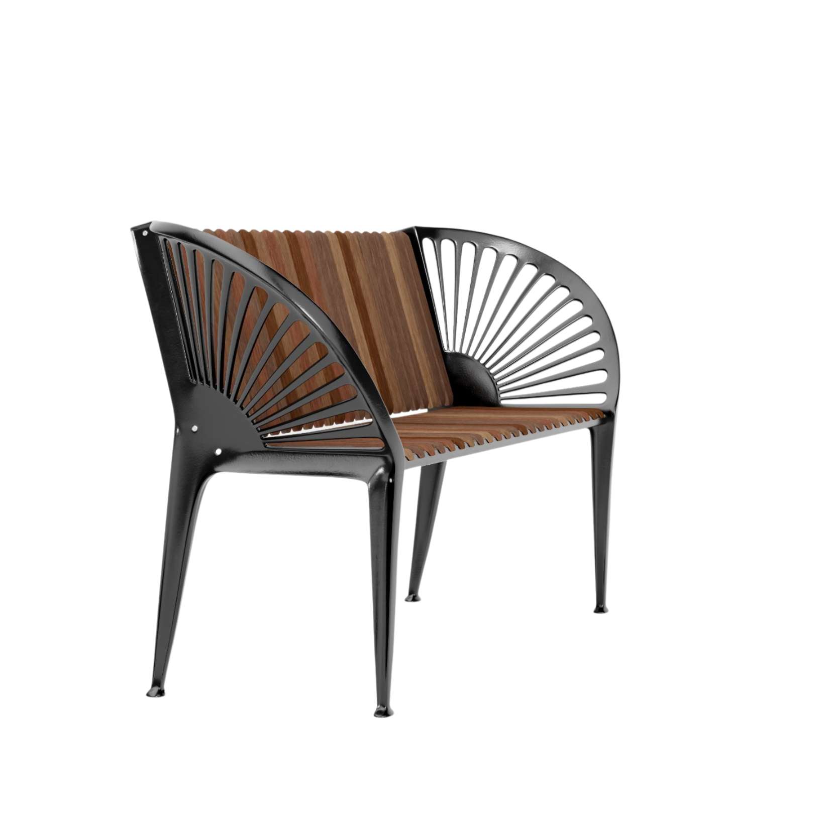 Citybænk udført i sortlakeret støbejern med olieret mahognisæde og -ryg.